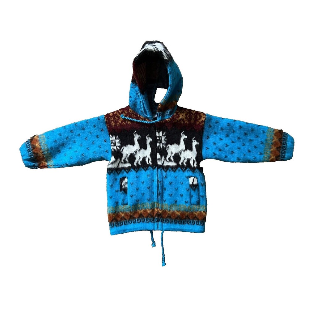 Yari Artesanias Alpaca 100% Wool Multicolor Zip Up Hoodie Sweater Youth Size 2